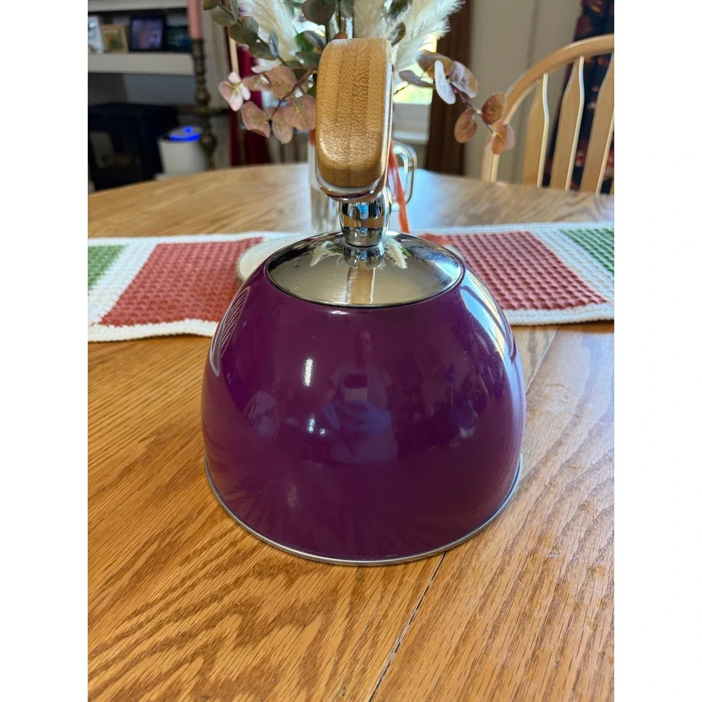 Pinky Up Whistling Tea Kettle Purple Enamel Stainless Steel Wood Grain Handle